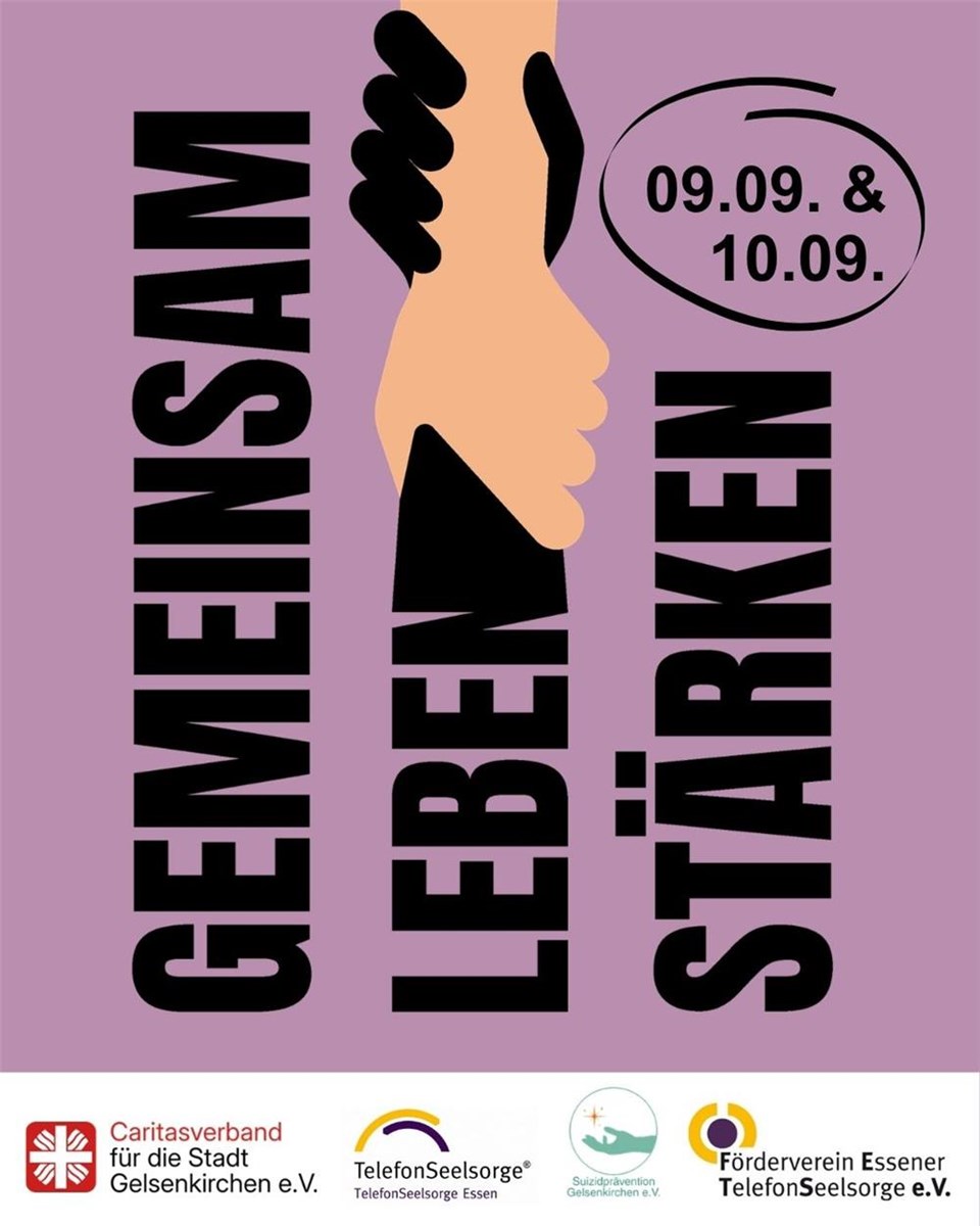Plakat mit den Worten „Gemeinsam Leben Stärken“, einer Darstellung zweier ineinandergreifender Hände und den Terminen 09.09. und 10.09.; darunter die Logos der beteiligten Organisationen.
