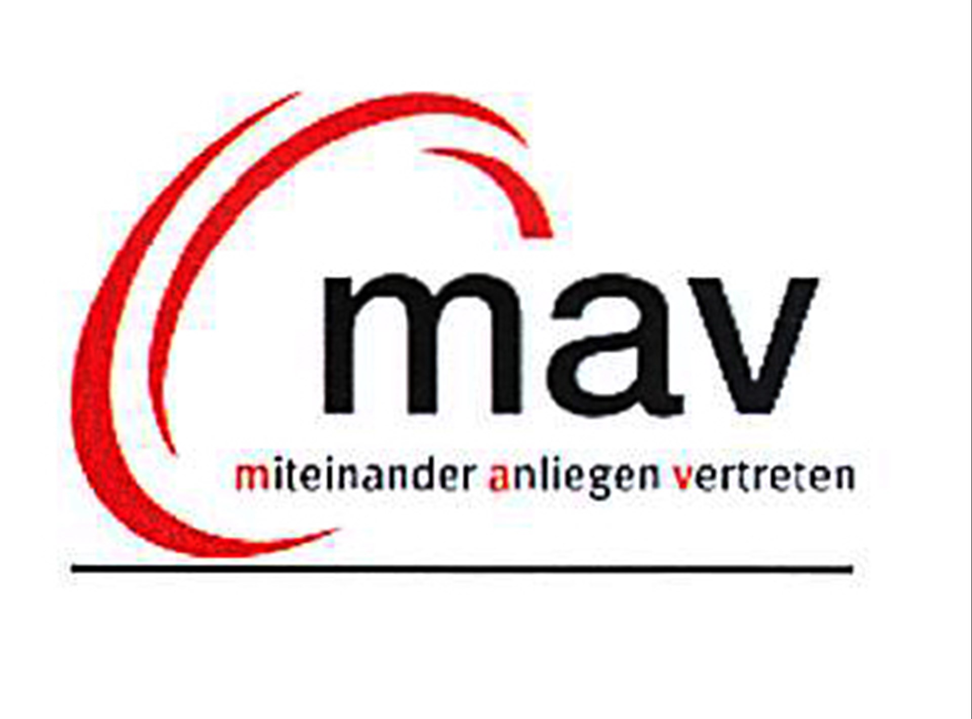 Mitarbeitervollversammlung Logo. Schriftzug MAV in schwarz und rot.